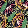 Seamless tropical pattern with bright leaves, flowers and plants on black background. Vector design. Jungle print. Floral backgrou Royalty Free Stock Photo