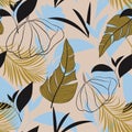 Trend seamless tropical pattern with bright leaves, flowers and plants on pastel background. Vector design. Jungle print. Floral b Royalty Free Stock Photo