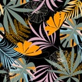 Trend seamless tropical pattern with bright leaves, flowers and plants on a dark background. Vector design. Jungle print. Floral b Royalty Free Stock Photo