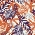 Trend seamless pattern with bright tropical leaves and plants on white background. Vector design. Jungle print. Floral background.