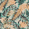 Trendy seamless pattern with colorful tropical leaves and flowers on a pastel background. Vector design. Jungle print. Floral back