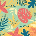 Summer trend abstract background with bright tropical leaves and plants on pastel background. Vector design. Jungle print. Floral