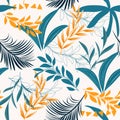 Summer trend seamless pattern with bright tropical leaves and plants on a white background. Vector design. Jungle print. Floral ba