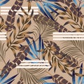 Original bright seamless pattern with colorful tropical leaves and plants on brown background. Vector design. Jungle print. Floral Royalty Free Stock Photo