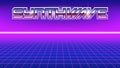 80s style poster with chrome word Synthwave on it. Perspective grid with neon horizon line