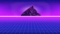 80s style poster with polygon mountain. Perspective grid with neon horizon line background. Synthwave style