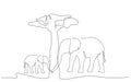 Elephants family near tree baobab, african landscapes line drawing vector