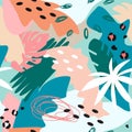 Colorful contemporary abstract floral collage with various of plants and geometric shapes seamless pattern. Vector design.