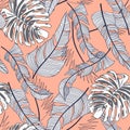 Abstract trend seamless pattern with bright tropical leaves and plants. Vector design. Jungle print. Floral background. Printing a