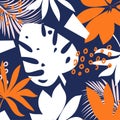 Abstract trend seamless pattern with bright tropical leaves and plants. Vector design. Jungle print. Floral background. Printing a