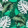 Abstract trend seamless pattern with bright tropical leaves and plants. Vector design. Jungle print. Floral background. Printing a Royalty Free Stock Photo