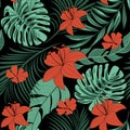 Abstract trend seamless pattern with bright tropical leaves and plants. Vector design. Jungle print. Floral background. Printing a Royalty Free Stock Photo