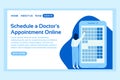 Medical web page concept. Web page design template of online appointment. Man choosing day of visit on giant phone.