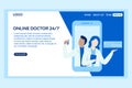 Medical web page concept. Web page design template of online advice from doctor. Two doctors talking from giant phone.