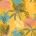 Abstract trend seamless pattern with bright tropical leaves and plants. Vector design. Jungle print. Floral background. Printing a