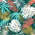 Abstract trend seamless pattern with bright tropical leaves and plants. Vector design. Jungle print. Floral background. Printing a Royalty Free Stock Photo