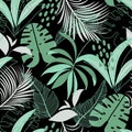 Abstract trend seamless pattern with bright tropical leaves and plants. Vector design. Jungle print. Floral background. Printing a Royalty Free Stock Photo