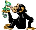 Cartoon chimp holding a chameleon