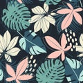 Abstract trend seamless pattern with bright tropical leaves and plants. Vector design. Jungle print. Floral background. Printing a