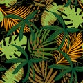 Abstract trend seamless pattern with bright tropical leaves and plants. Vector design. Jungle print. Floral background. Printing a