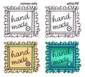 Set of hand drawn textile patches with seam, button and handwritten inscription `hand made`