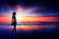 Girl silhouette with a star in her hand, magical sunset sky Royalty Free Stock Photo