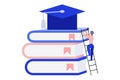 Man climbing up a ladder. Man climbing on giant books to reach graduation cap. Online education concept. Flat vector illustration. Royalty Free Stock Photo