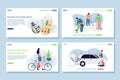 Ecology web page concepts. Web page design templates set of cotton bags, cleaning street, bike and electric car.