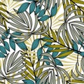 Summer abstract trend seamless pattern with bright tropical leaves and plants. Vector design. Jungle print. Floral background. Pri