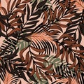 Summer abstract trend seamless pattern with bright tropical leaves and plants. Vector design. Jungle print. Floral background. Pri