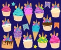 Cute Vector Collection of Unicorn Themed Desserts and Birthday Decorations Royalty Free Stock Photo