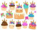 Cute Vector Collection of Unicorn Themed Desserts and Birthday Decorations Royalty Free Stock Photo