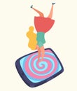 Escapism Illustration of a woman fallen into a smartphone. Upside-down girl isolated. Royalty Free Stock Photo