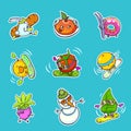 Snowboard doodles, snowman, donut. Fruit doddles. Winter sport characters. Snowboard, ski, snowman stickers.