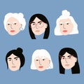 Same one woman drawn with different hairstyles or haircuts, glasses and earrings. Cartoon woman character.