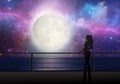 Woman alone on a bridge / sea wall in moonlight, cosmic sky