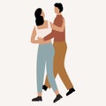 A couple or friends are hugging and watching at each other while walking. Two people hugging. Flat vector isolated illustration