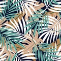 Trend abstract seamless pattern with colorful tropical leaves and plants on beige background. Vector design. Jungle print. Floral