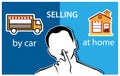 People and choices between selling by car or shop. Flat vector illustration.