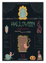 Halloween night party invitation. Creepy characters and decorations. Design template for greeting card, wallpaper, poster, flyer.