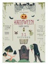 Halloween night party invitation. Creepy characters and decorations. Design template for greeting card, wallpaper, poster, flyer. Royalty Free Stock Photo