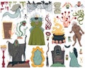Halloween design elements set. Scary characters, ghosts, grave, witch, old mirror, potions, monsters and plants. Isolated objects