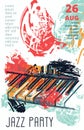 Jazz music party with abstract piano keyboard in grunge watercolor sketch style. Design template for invitation, card, poster, pla