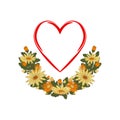 Stylized red heart decorated with a multi-colored flower garland