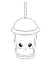 A cute cup for drinks with a lid and a drinking straw. A glass with a cute face - an emoticon. Vector