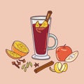 Glass of mulled wine with mulling spices. Illustration traditional hot drink at Christmas time. Autumn and winter holidays. Hand-d