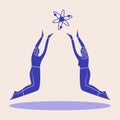 People levitating and holding atom. Blue non proportional flying man and woman with atom. Scientific concept. Vector illustration