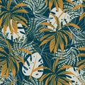 Modern seamless pattern with tropical plants. Fashionable texture design, textile, fabric, printing. Original plants. Tropical lea