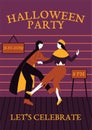 Halloween party invitation or greeting cards with dancing people traditional symbols.