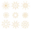 Set of 9 golden isolated snowflakes. New year and Christmas objects Royalty Free Stock Photo